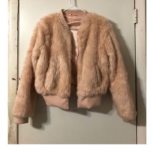 pink faux fur coat with satin interior
